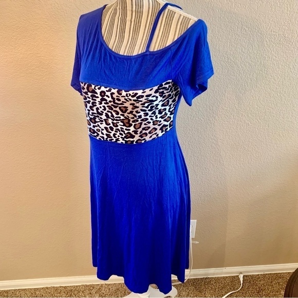 NWT Mini Dress Large Bikatu Royal Blue Animal Panel Asymmetrical Shoulders - Picture 7 of 14